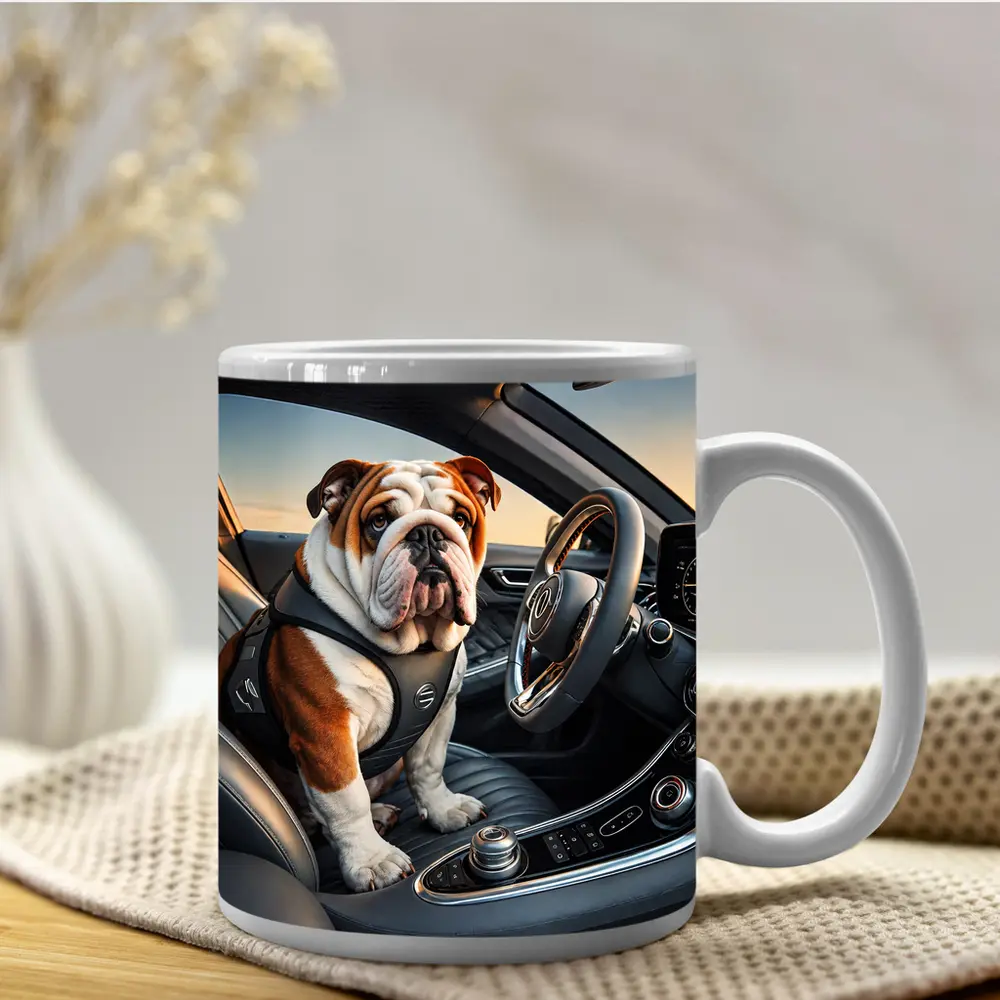 English Bulldog Sitting Inside Luxury Car – Mugs