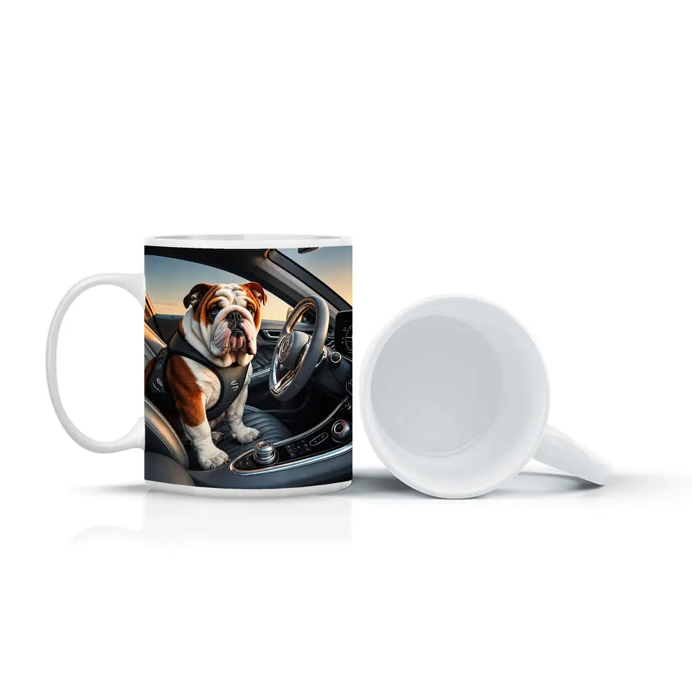 English Bulldog Sitting Inside Luxury Car – Mugs