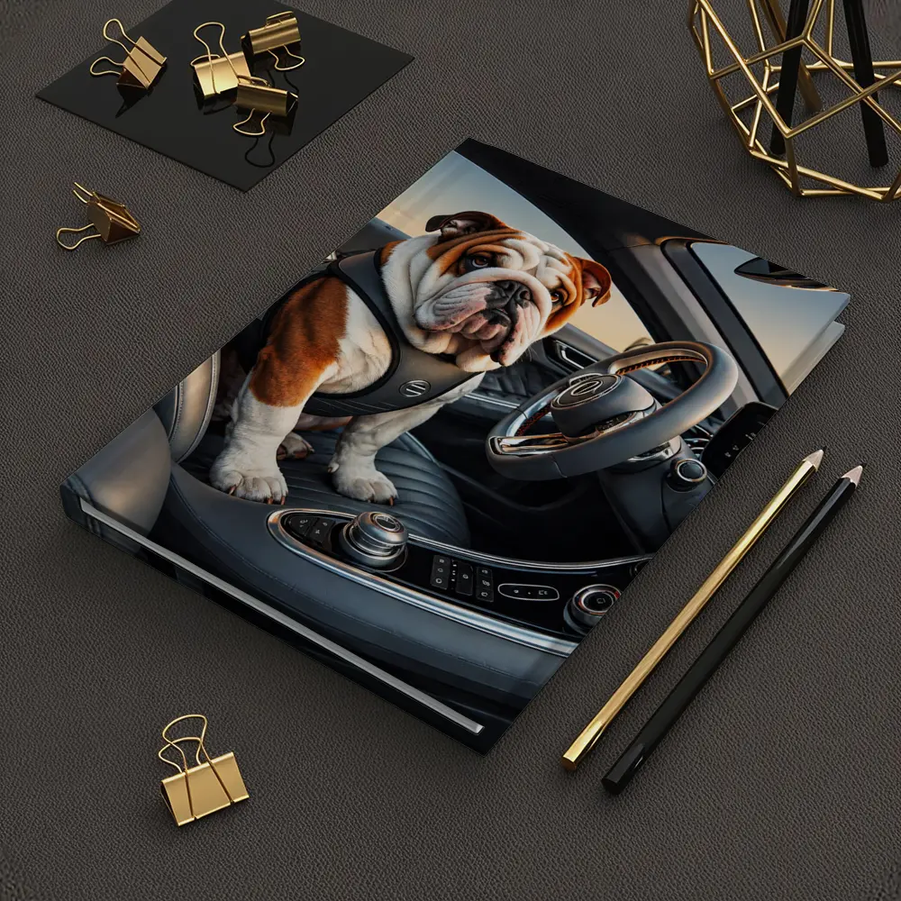 English Bulldog Sitting Inside Luxury Car – Notebooks