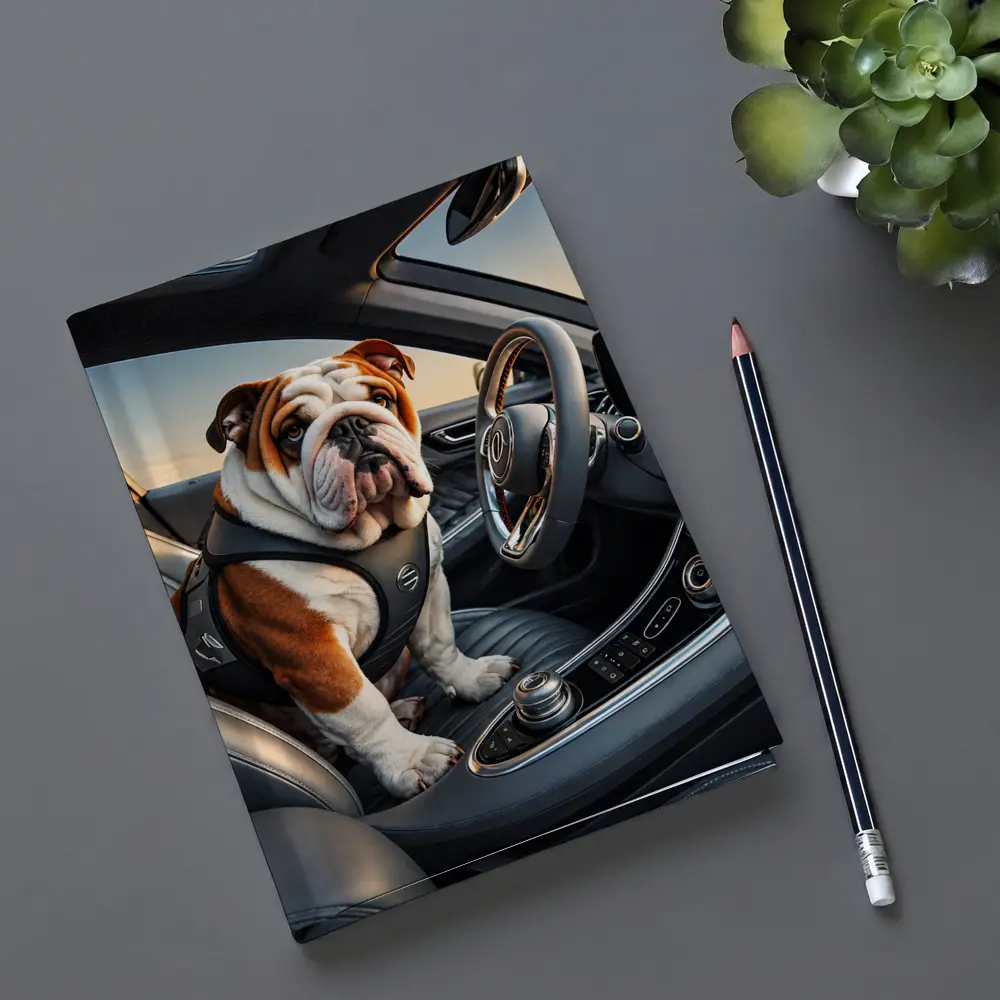 English Bulldog Sitting Inside Luxury Car – Notebooks