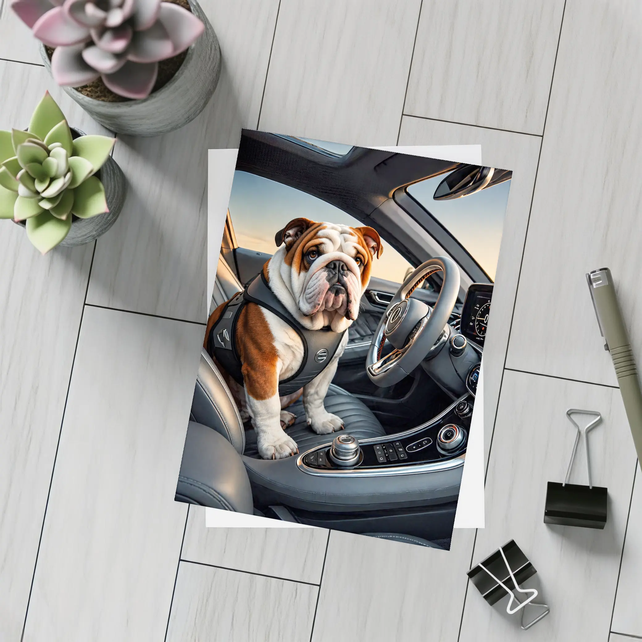 English Bulldog Sitting Inside Luxury Car – Postcards