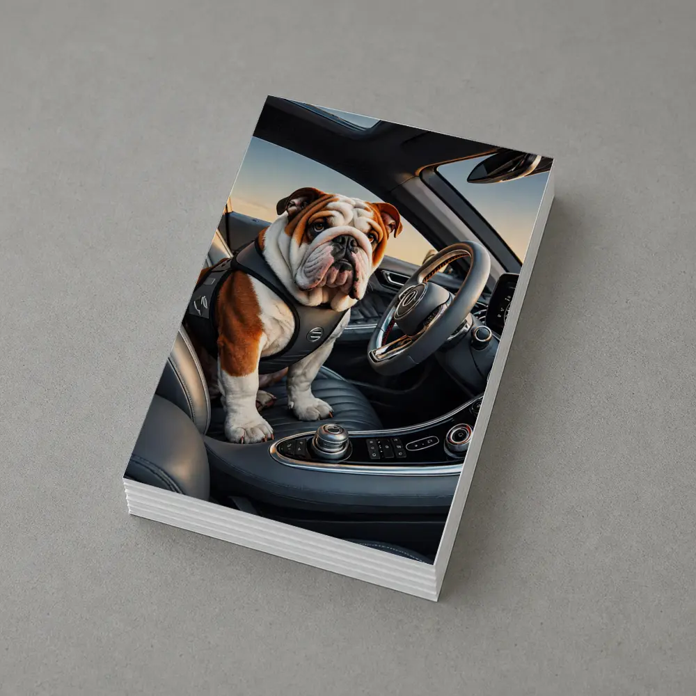 English Bulldog Sitting Inside Luxury Car – Postcards