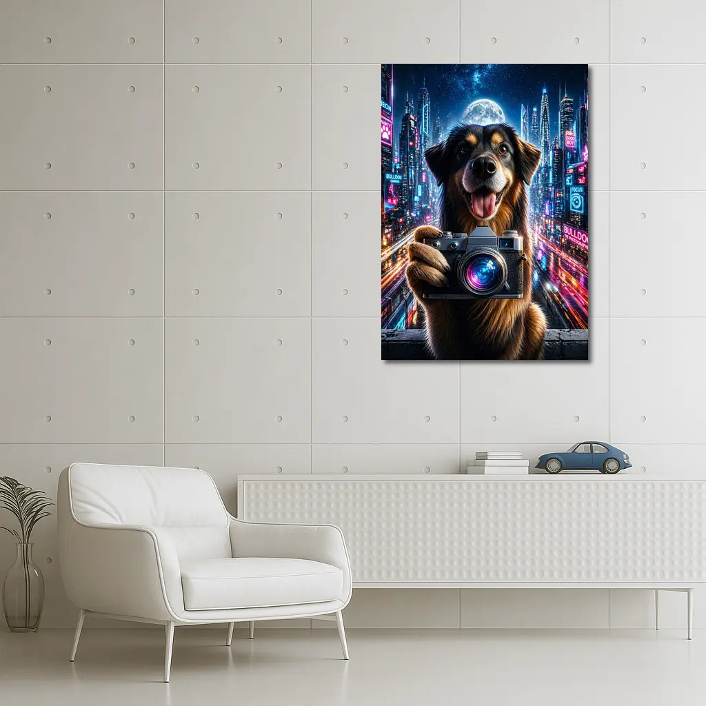 Dog Holding Camera Neon Cyberpunk City Night – Wall Art