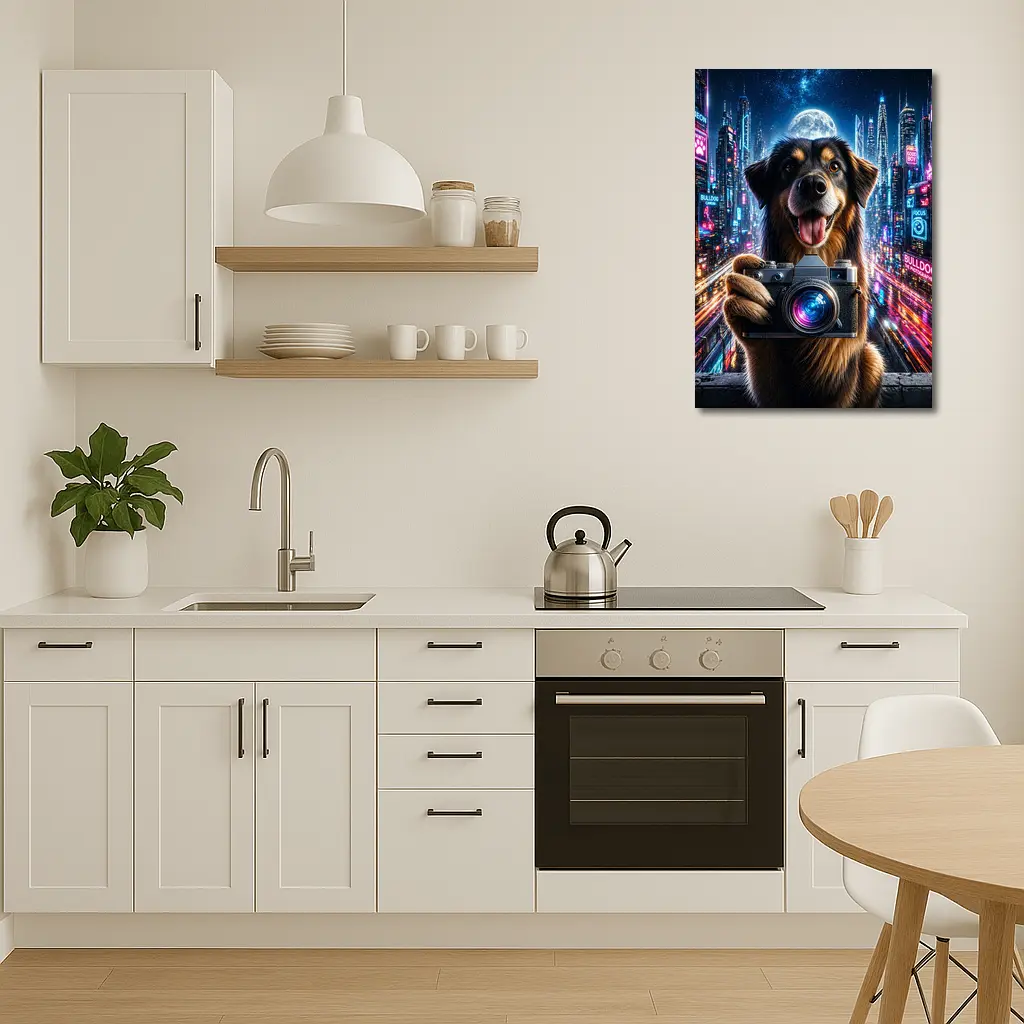 Dog Holding Camera Neon Cyberpunk City Night – Wall Art