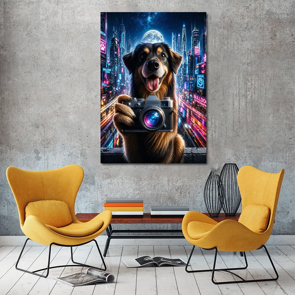Dog Holding Camera Neon Cyberpunk City Night – Wall Art
