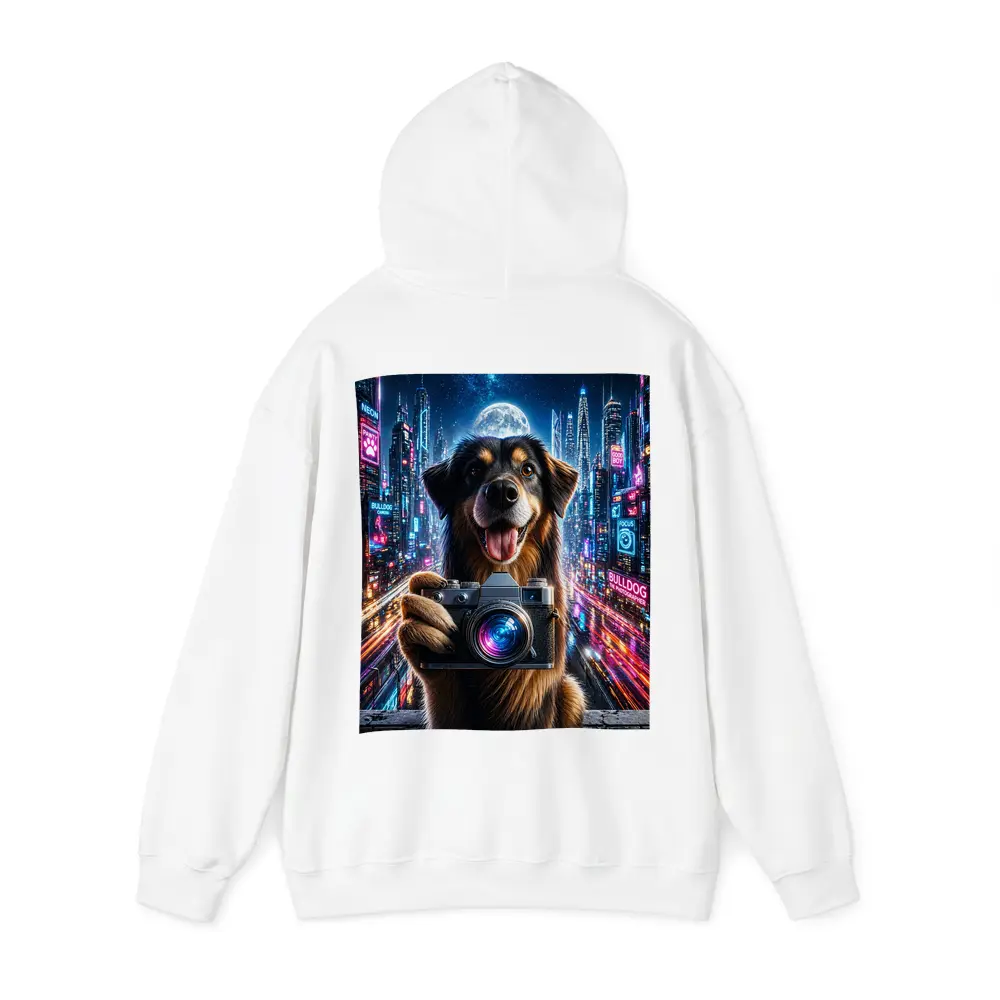 Dog Holding Camera Neon Cyberpunk City Night – Hoodies