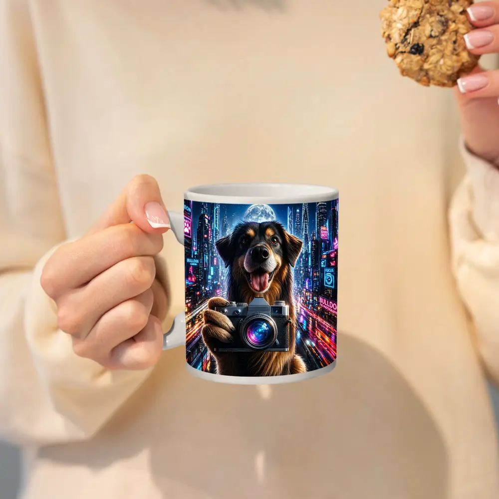 Dog Holding Camera Neon Cyberpunk City Night – Mugs