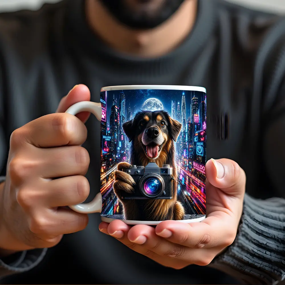 Dog Holding Camera Neon Cyberpunk City Night – Mugs