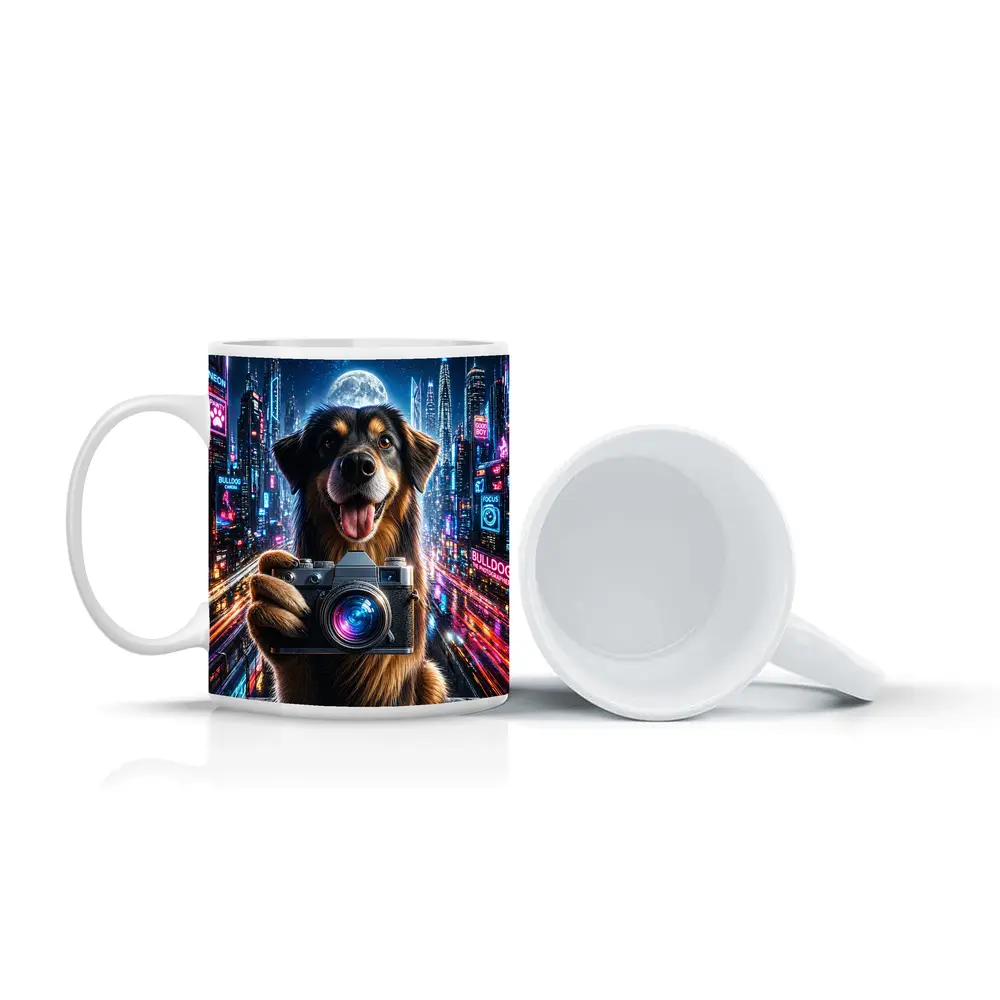 Dog Holding Camera Neon Cyberpunk City Night – Mugs