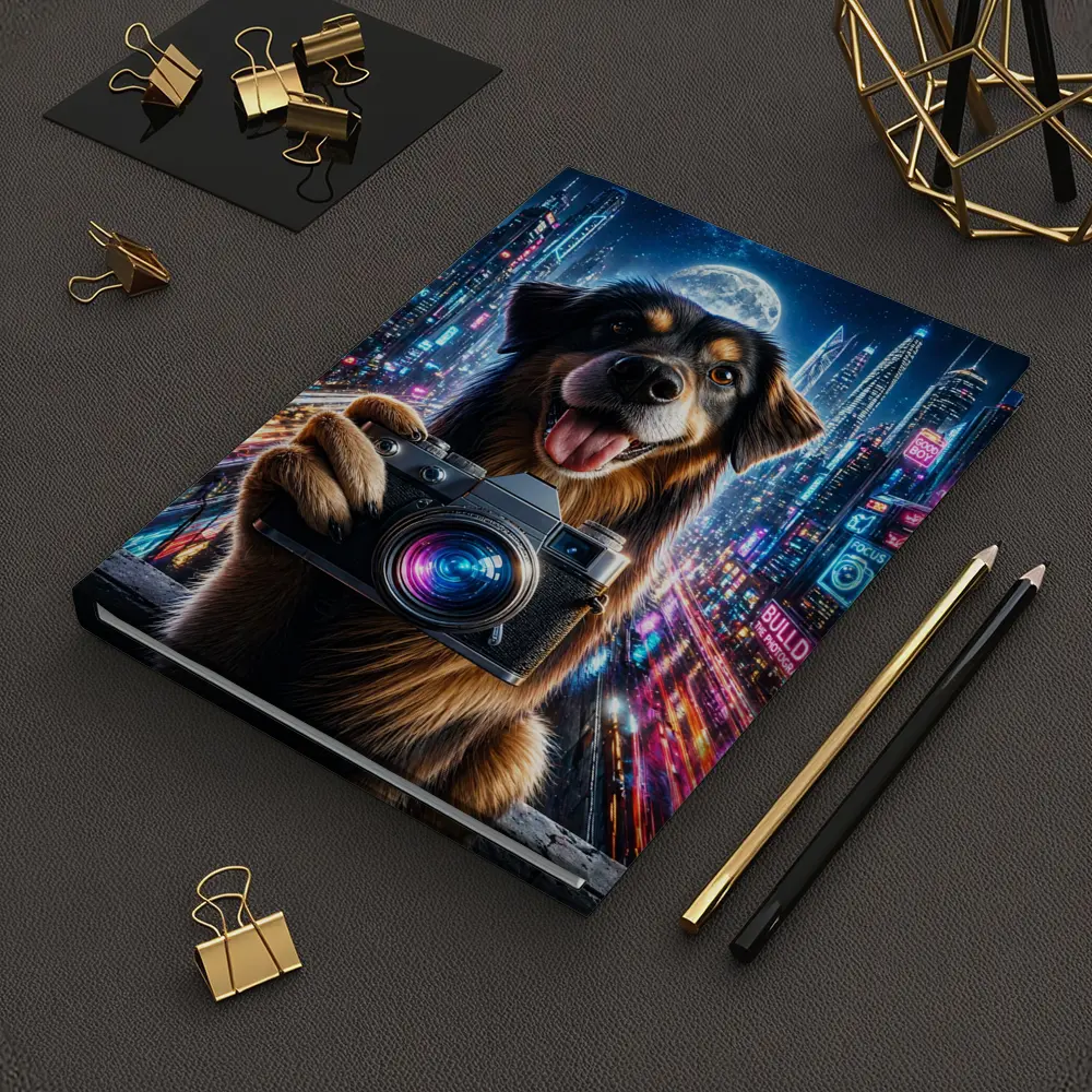 Dog Holding Camera Neon Cyberpunk City Night – Notebooks