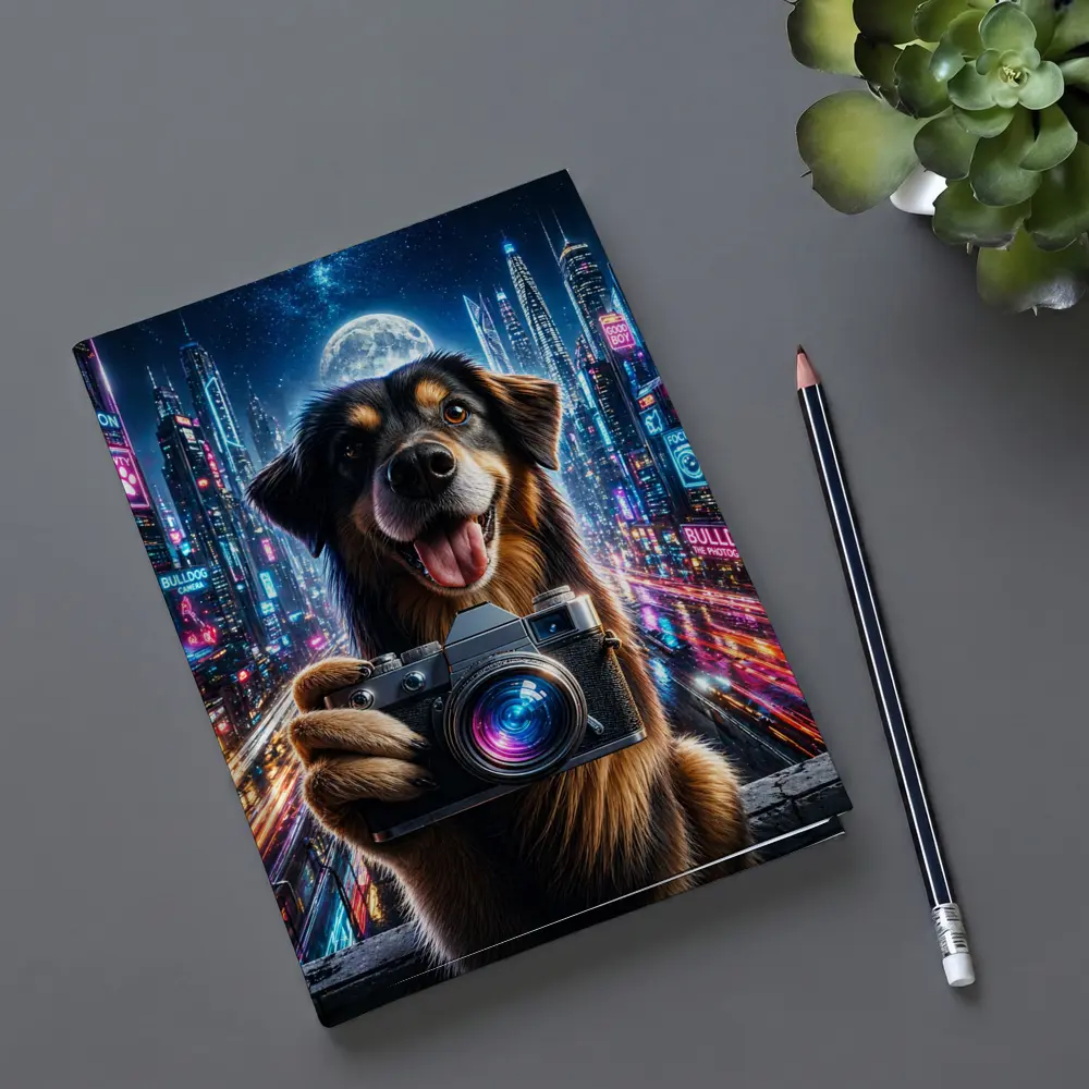 Dog Holding Camera Neon Cyberpunk City Night – Notebooks