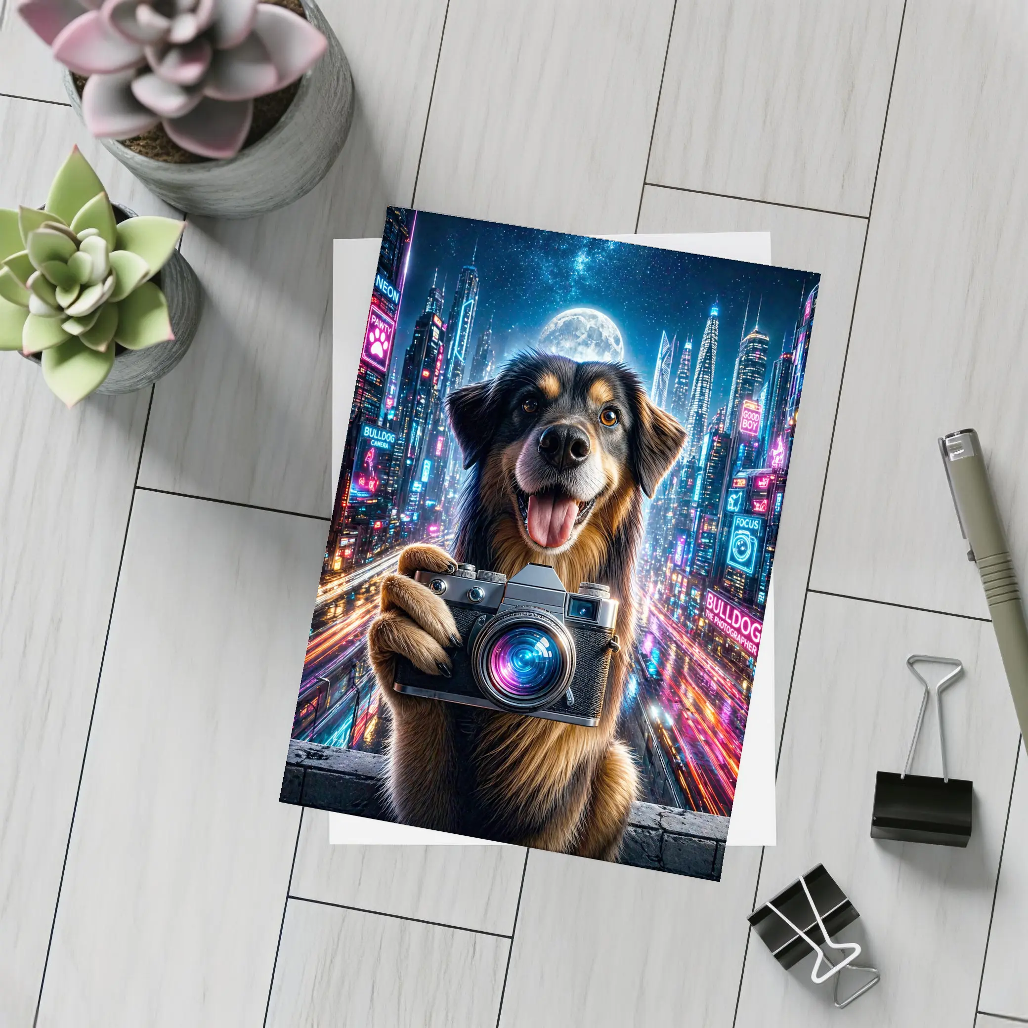 Dog Holding Camera Neon Cyberpunk City Night – Postcards