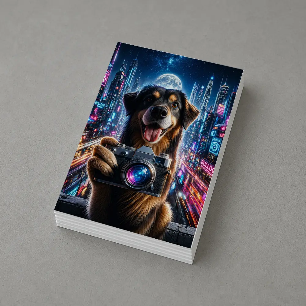 Dog Holding Camera Neon Cyberpunk City Night – Postcards