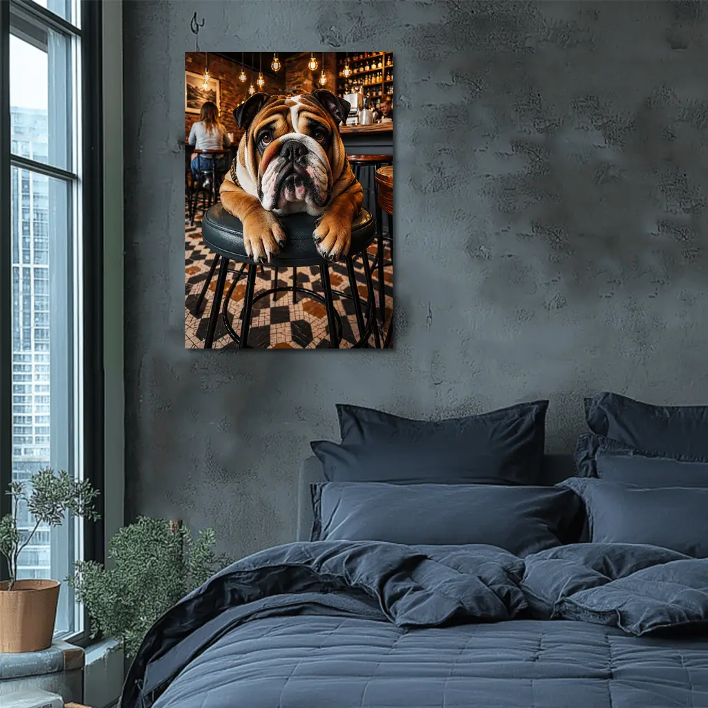 English Bulldog Relaxing In Cozy Cafe Bar – Wall Art