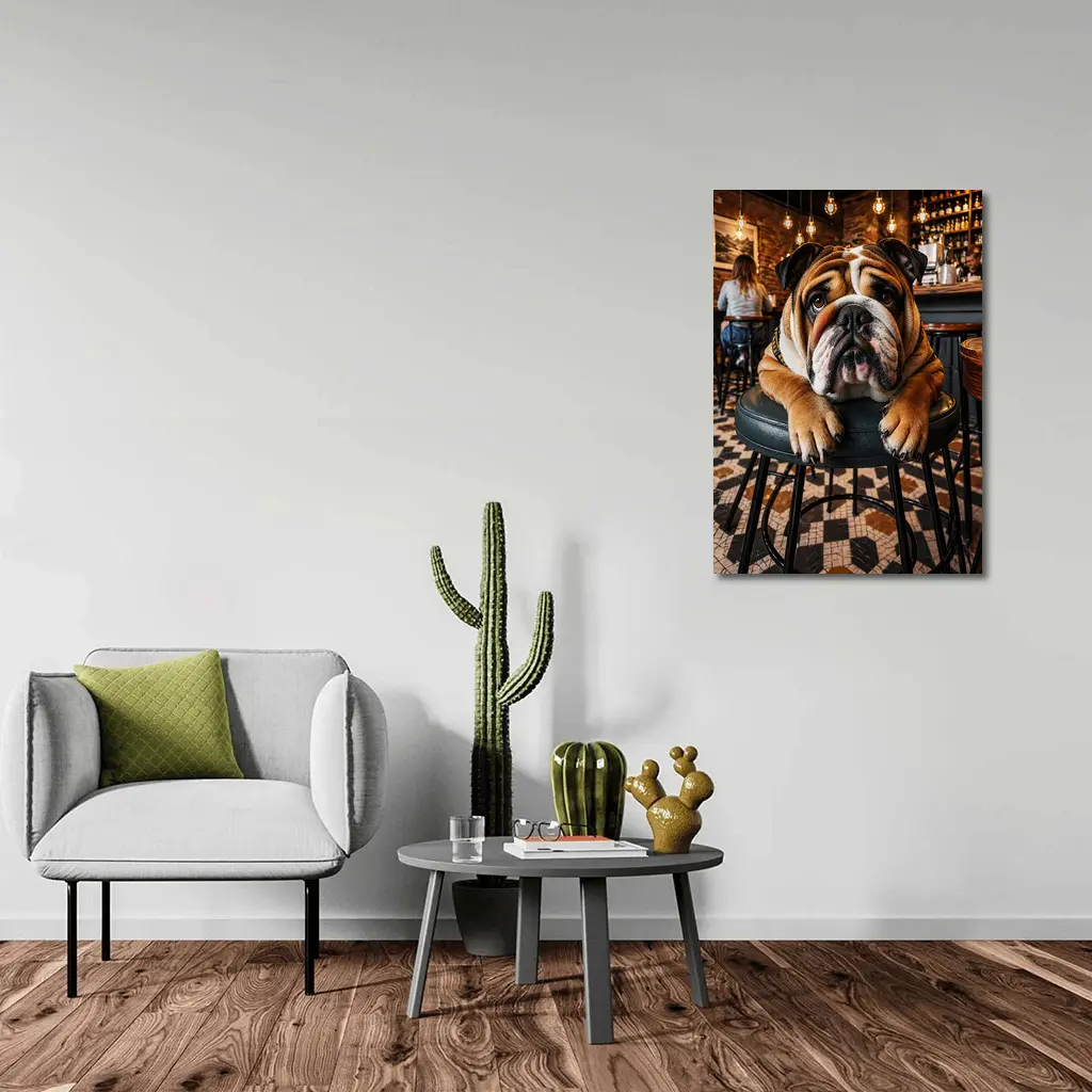 English Bulldog Relaxing In Cozy Cafe Bar – Wall Art