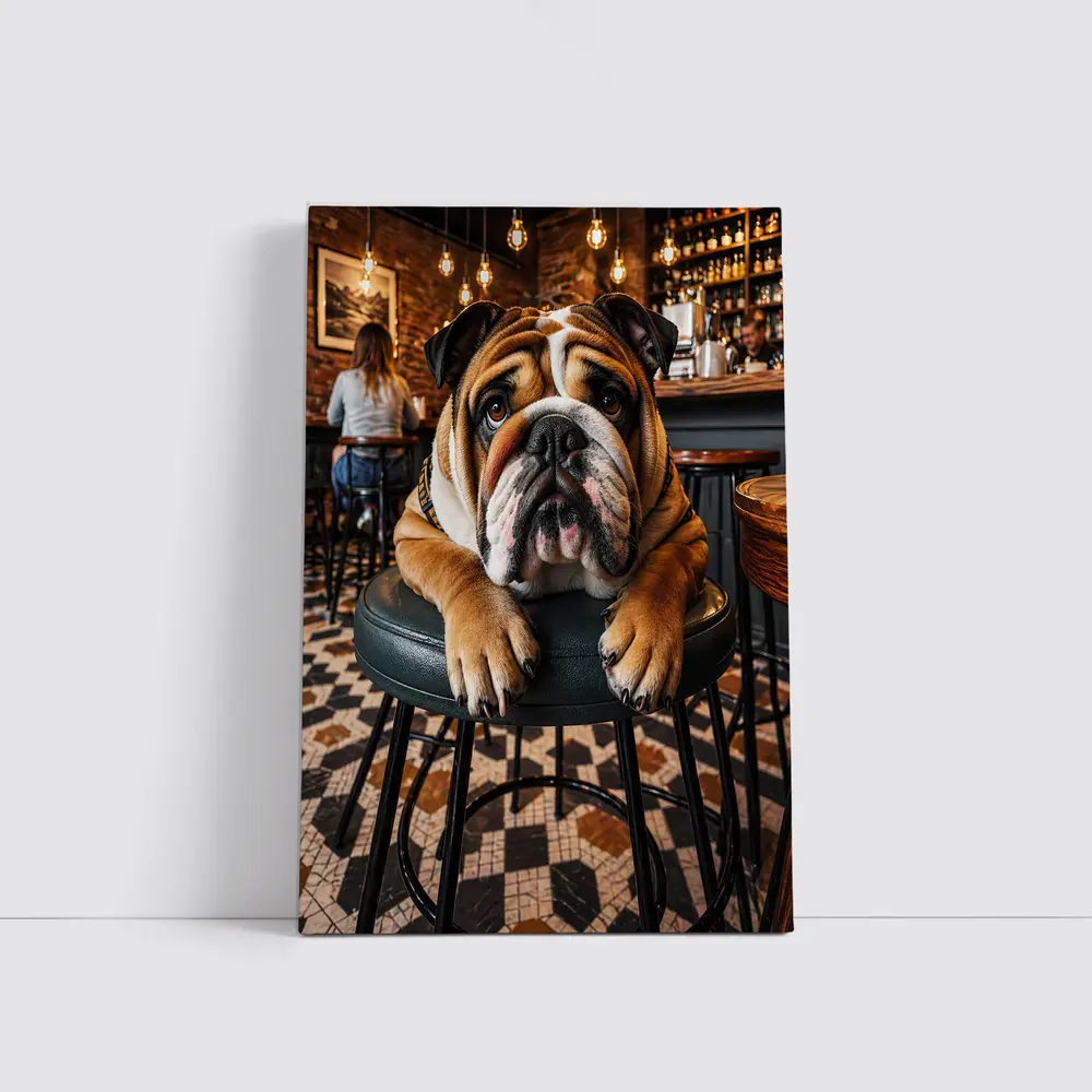 English Bulldog Relaxing In Cozy Cafe Bar – Wall Art