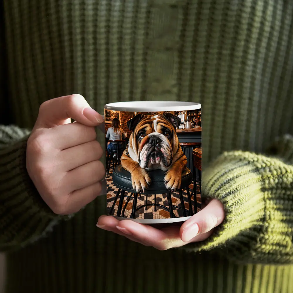 English Bulldog Relaxing In Cozy Cafe Bar – Mugs