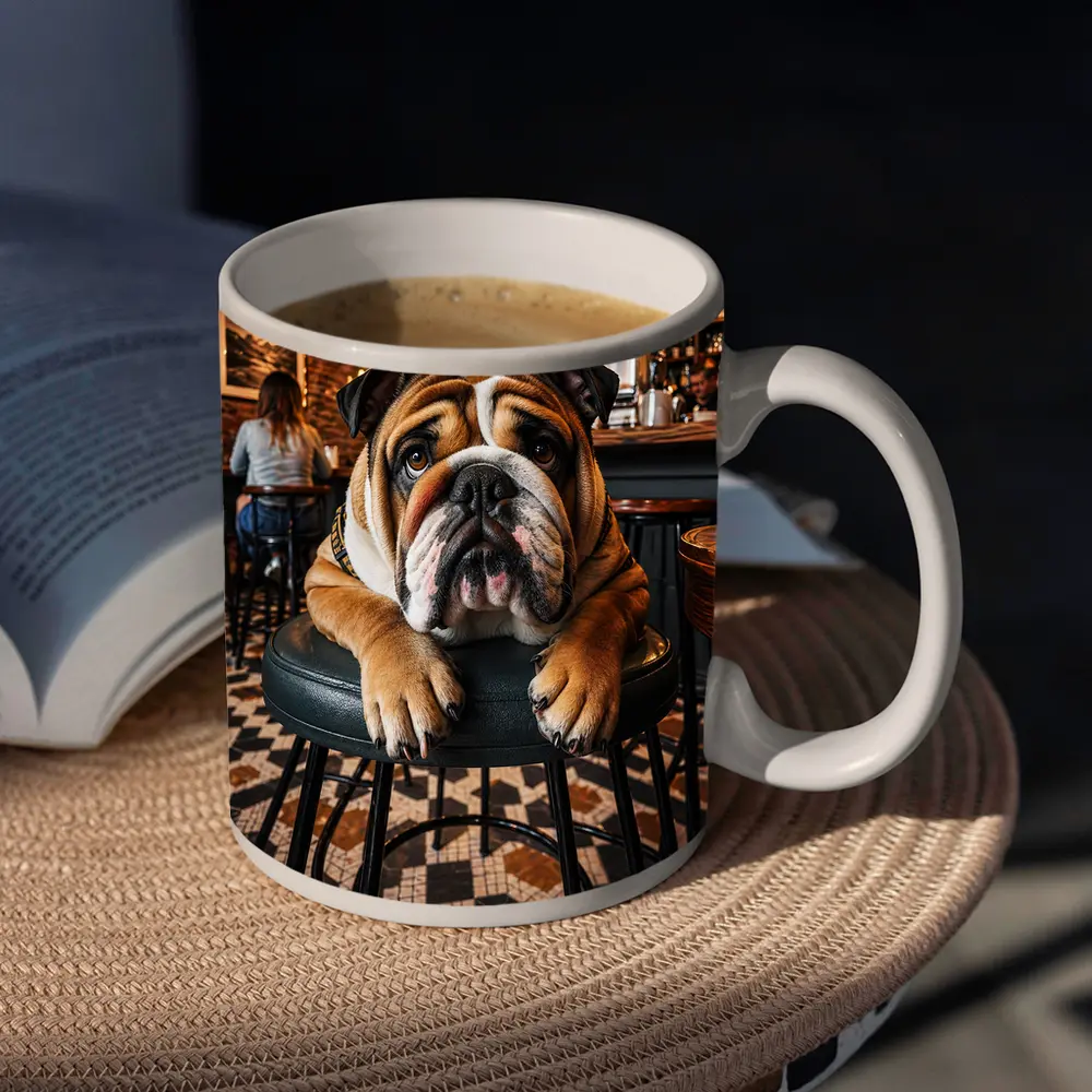 English Bulldog Relaxing In Cozy Cafe Bar – Mugs