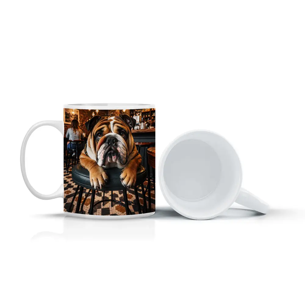 English Bulldog Relaxing In Cozy Cafe Bar – Mugs