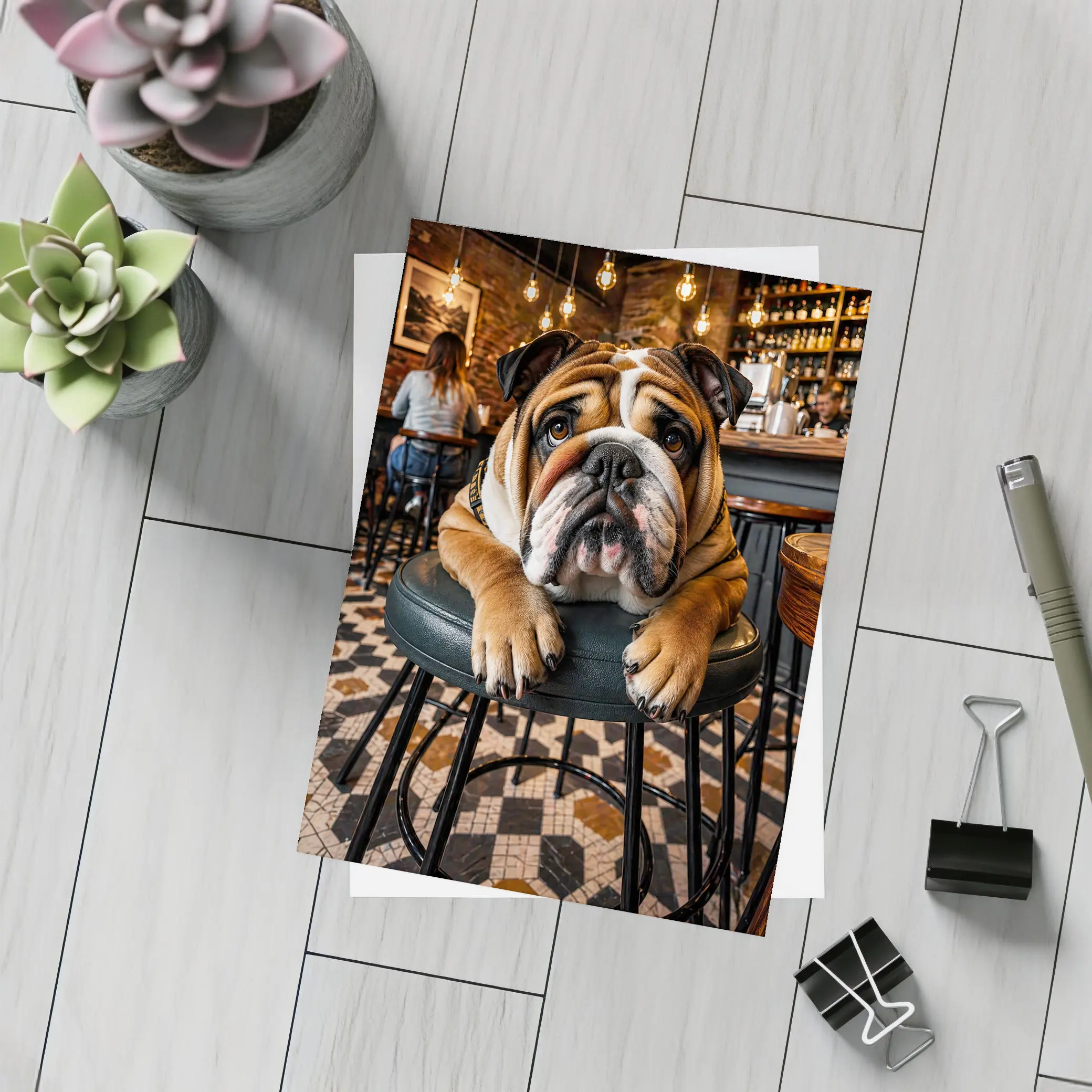 English Bulldog Relaxing In Cozy Cafe Bar – Postcards