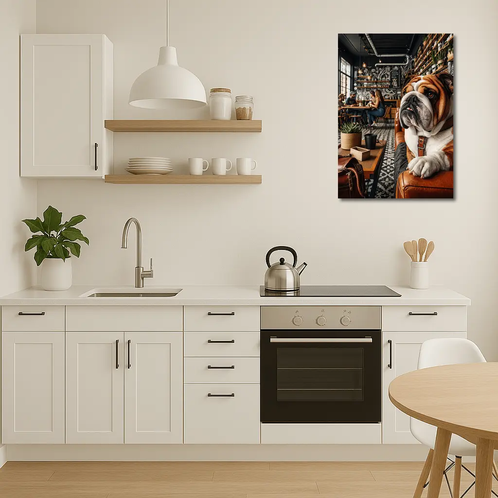 English Bulldog Relaxing Inside Cozy Cafe – Wall Art