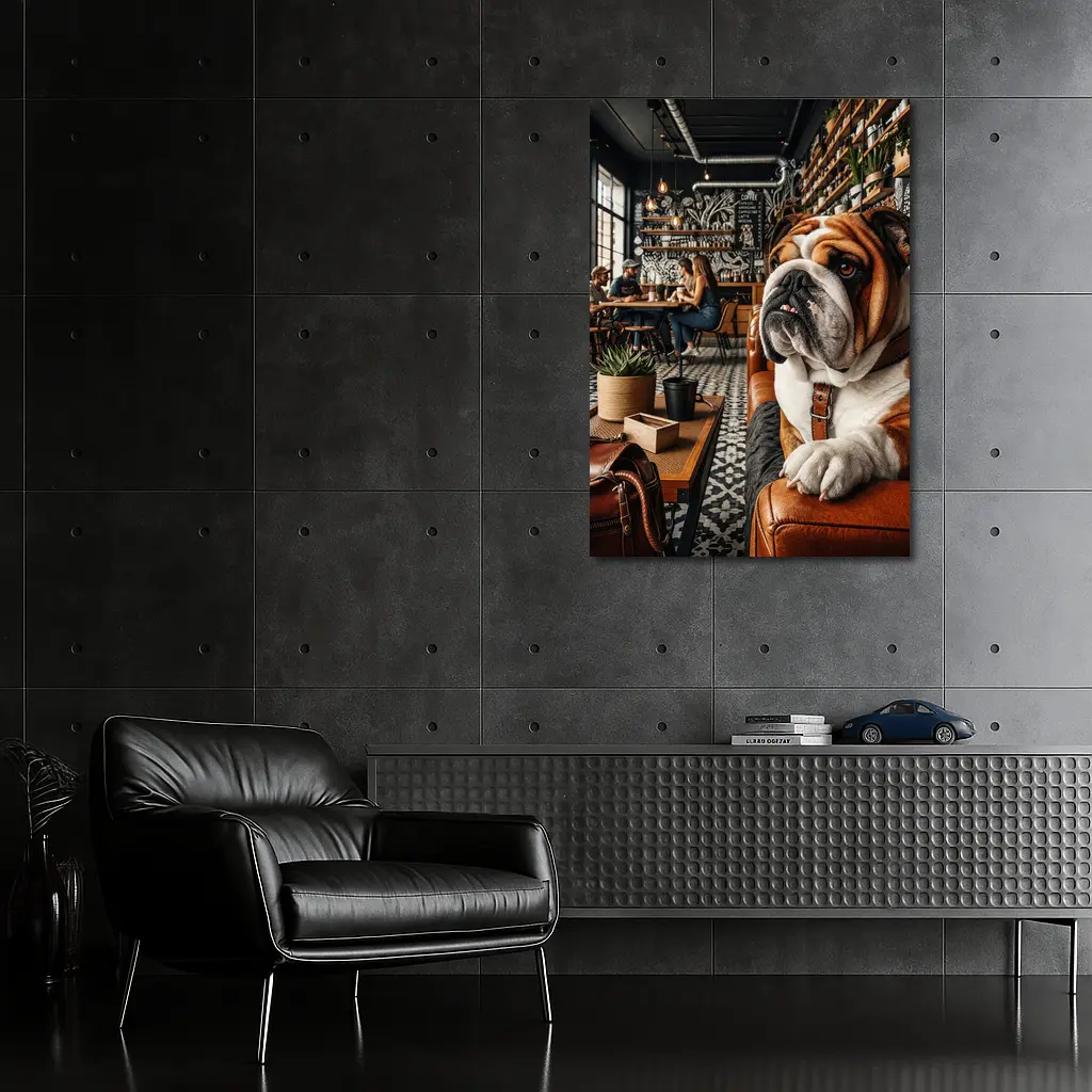 English Bulldog Relaxing Inside Cozy Cafe – Wall Art