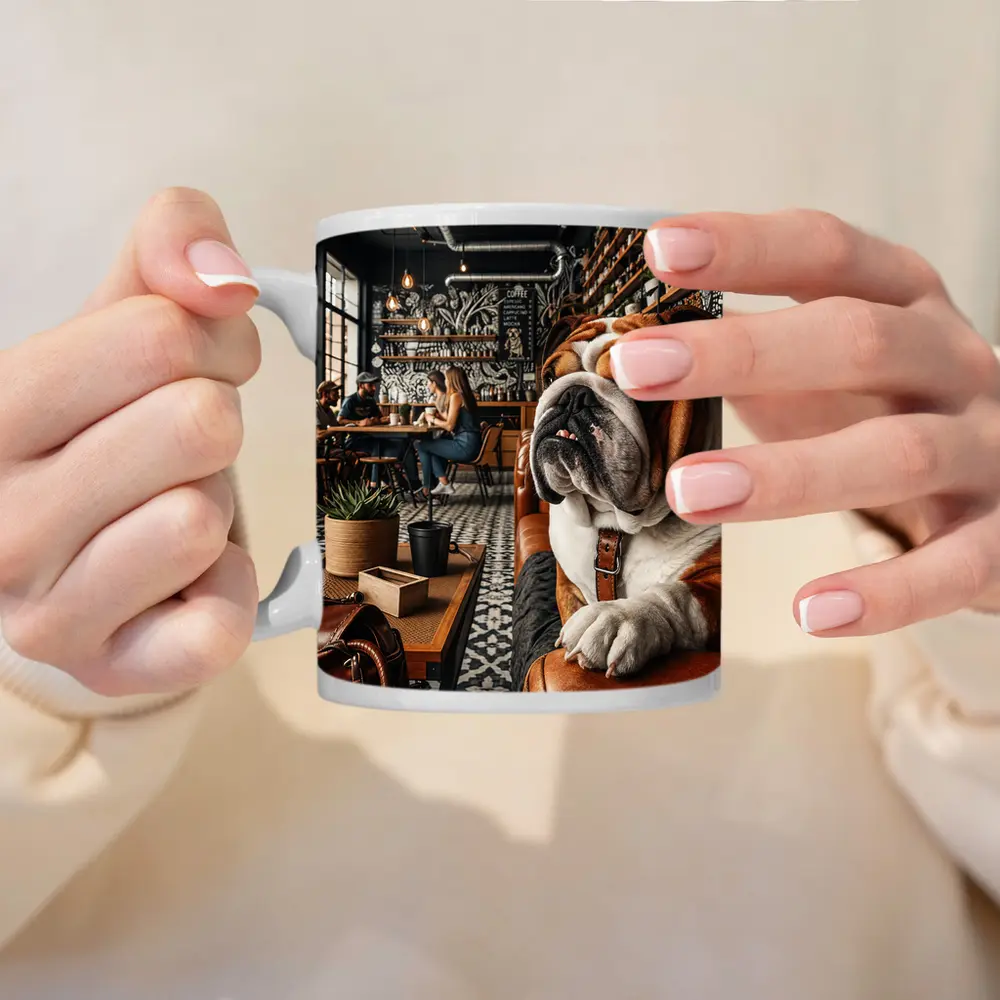 English Bulldog Relaxing Inside Cozy Cafe – Mugs