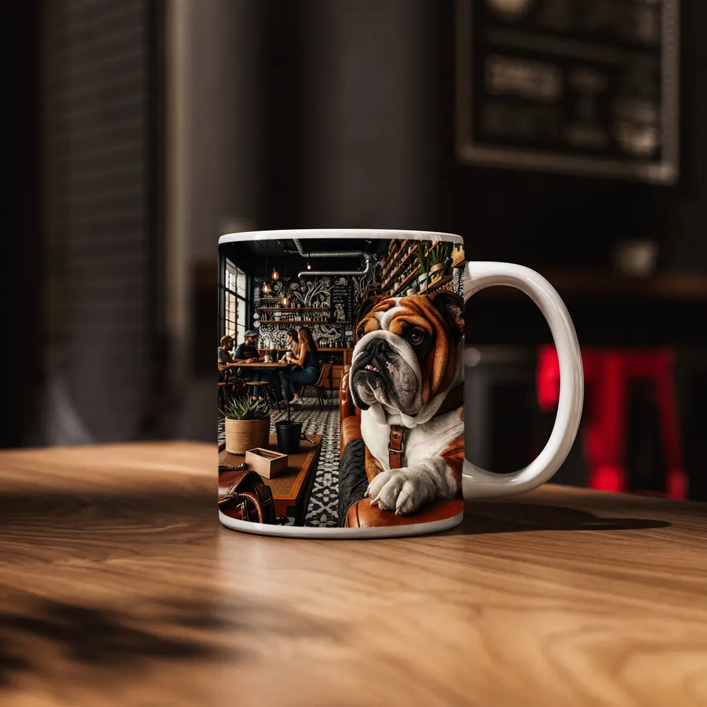 English Bulldog Relaxing Inside Cozy Cafe – Mugs