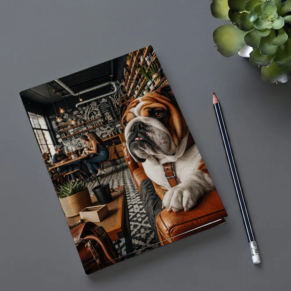 English Bulldog Relaxing Inside Cozy Cafe – Notebooks