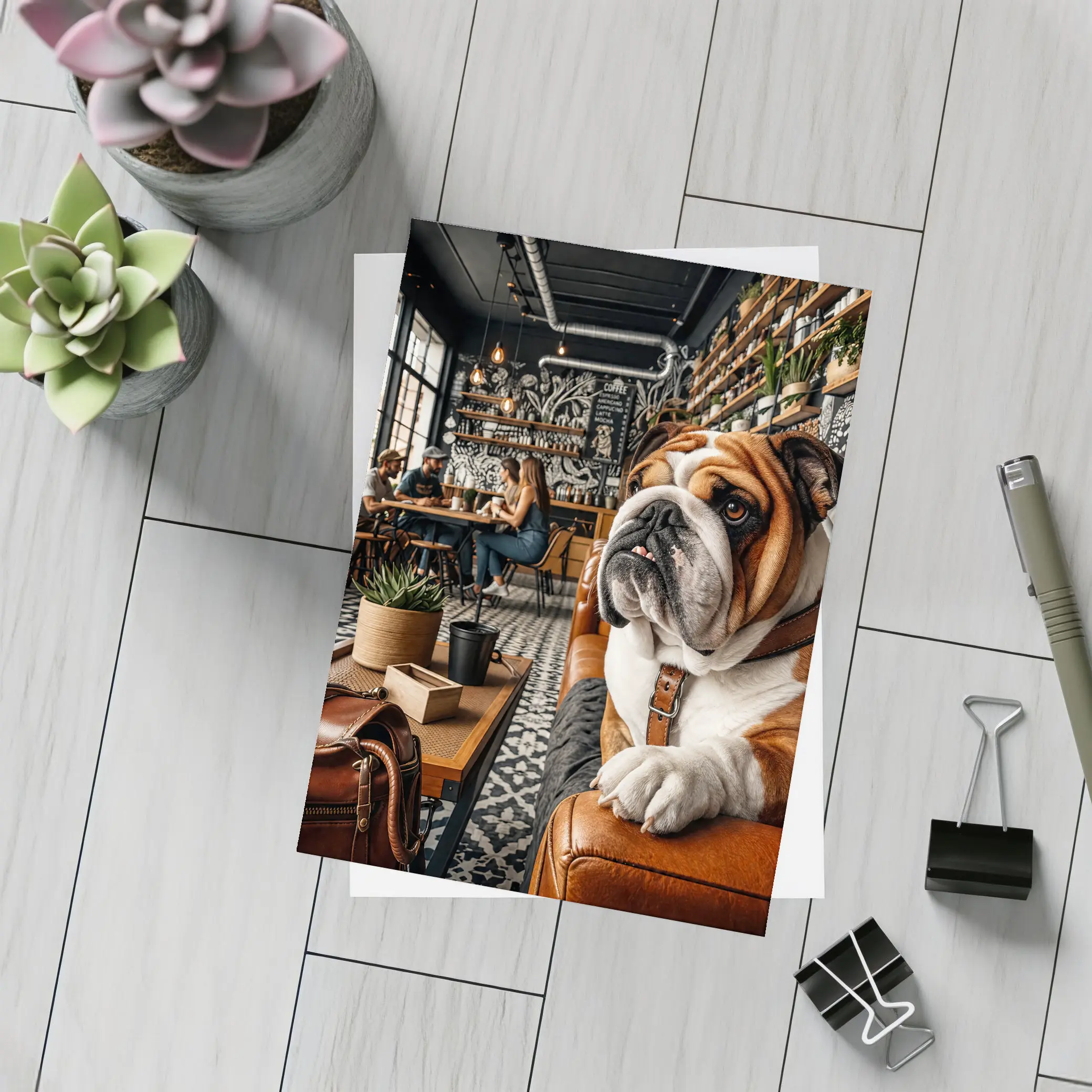 English Bulldog Relaxing Inside Cozy Cafe – Postcards