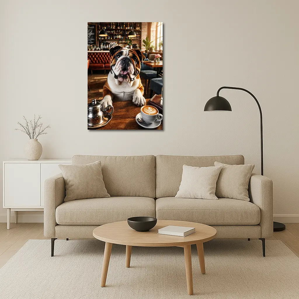 English Bulldog Sitting In Coffee Shop – Wall Art
