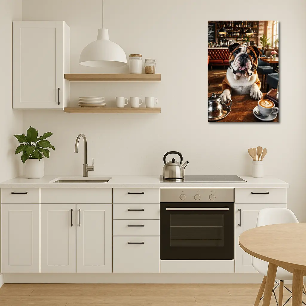 English Bulldog Sitting In Coffee Shop – Wall Art
