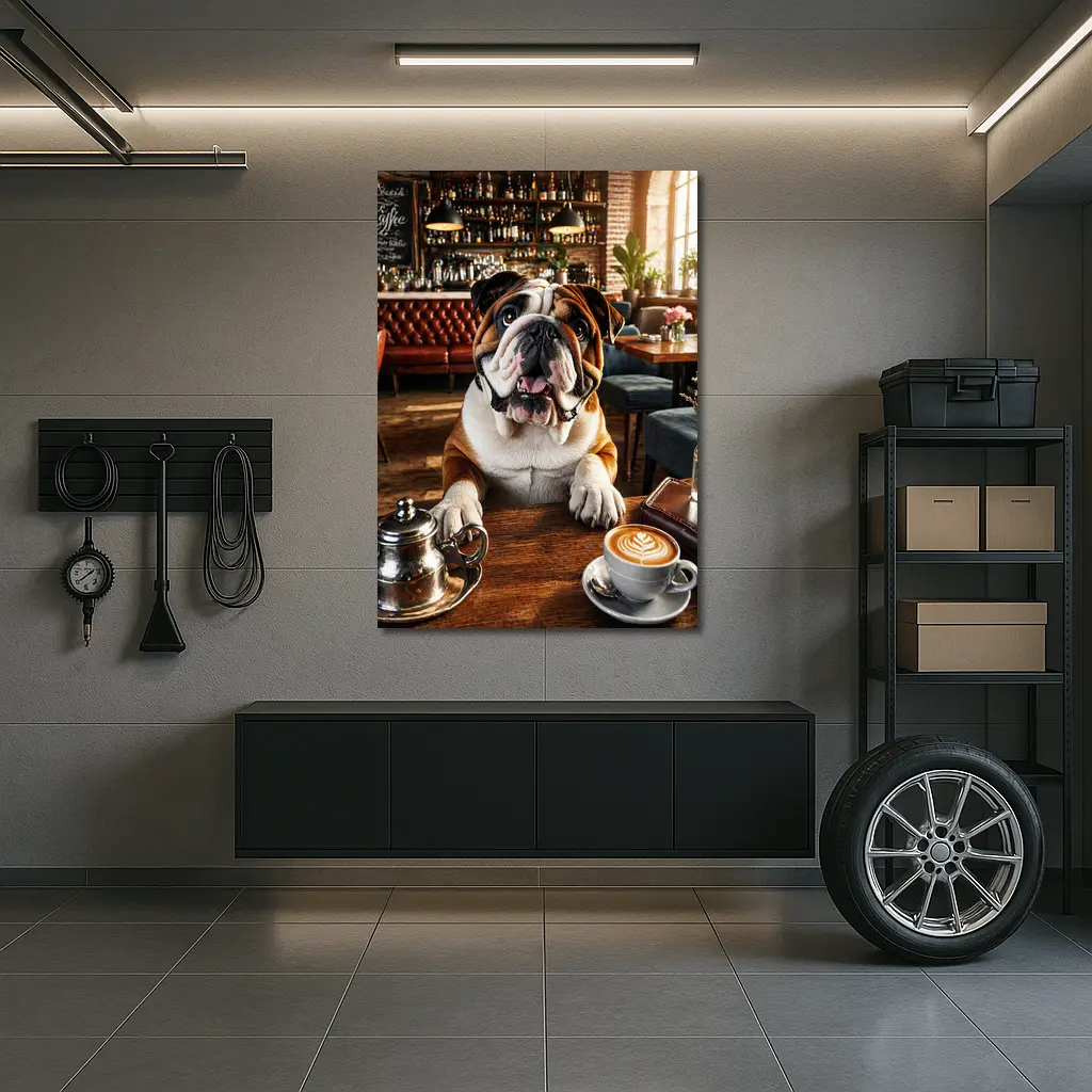 English Bulldog Sitting In Coffee Shop – Wall Art