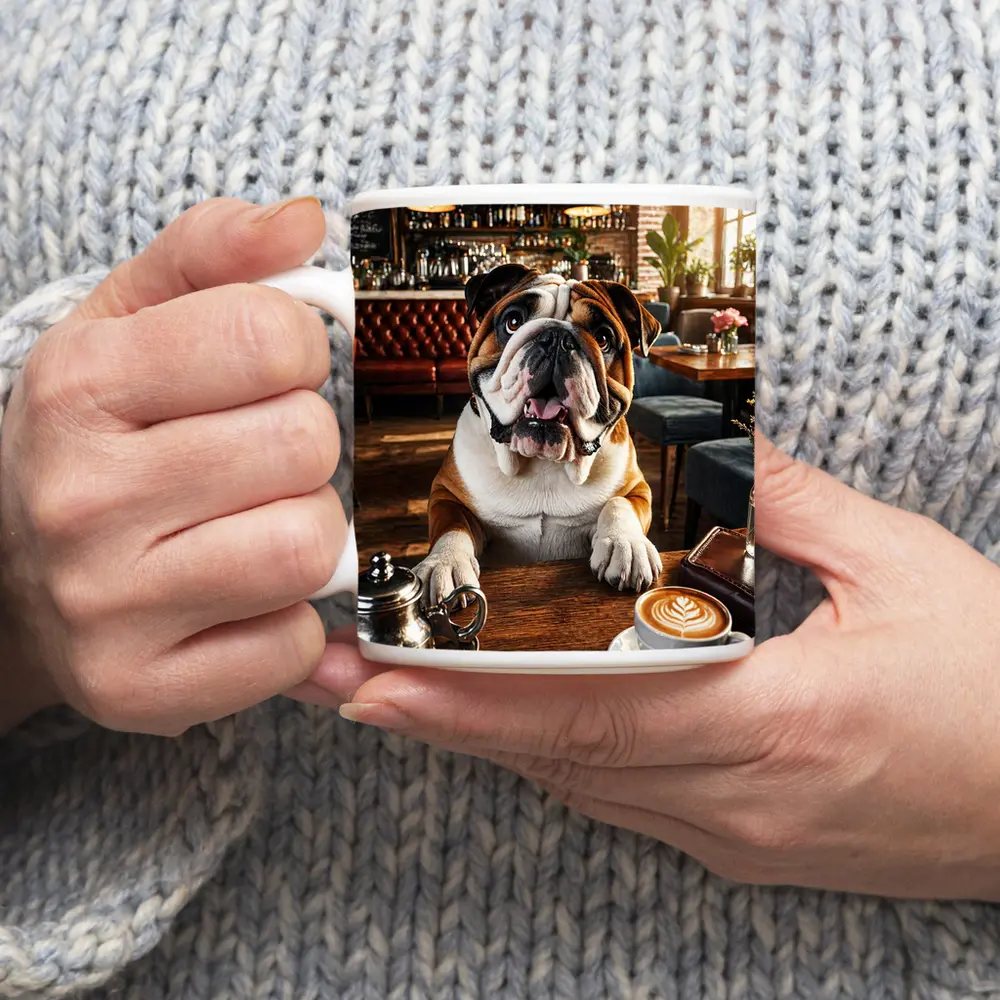 English Bulldog Sitting In Coffee Shop – Mugs