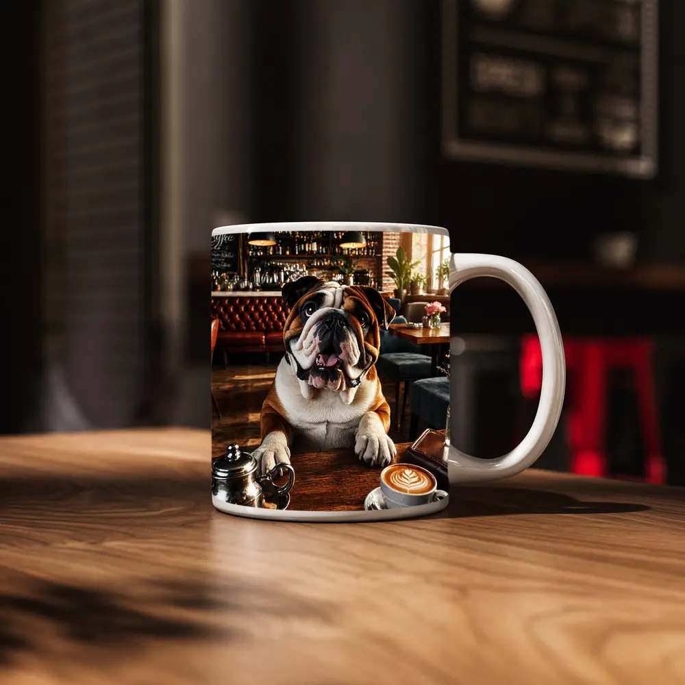 English Bulldog Sitting In Coffee Shop – Mugs