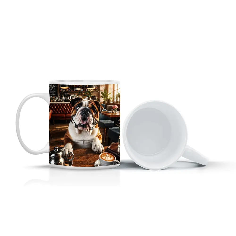 English Bulldog Sitting In Coffee Shop – Mugs