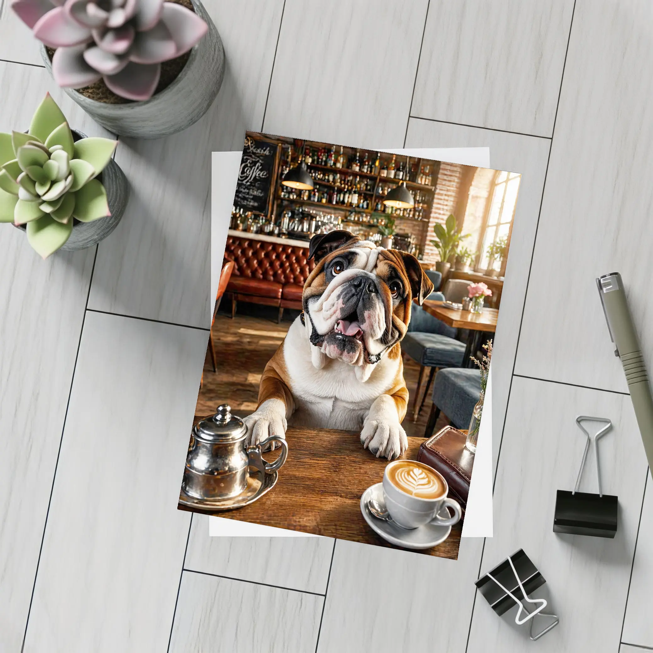 English Bulldog Sitting In Coffee Shop – Postcards