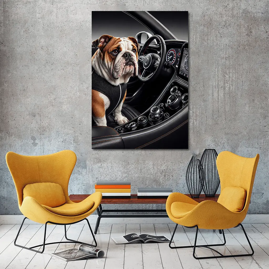 English Bulldog Sitting Inside Luxury Car Interior – Wall Art