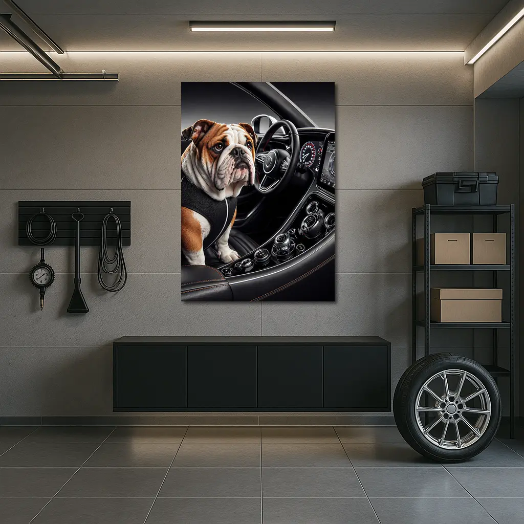 English Bulldog Sitting Inside Luxury Car Interior – Wall Art