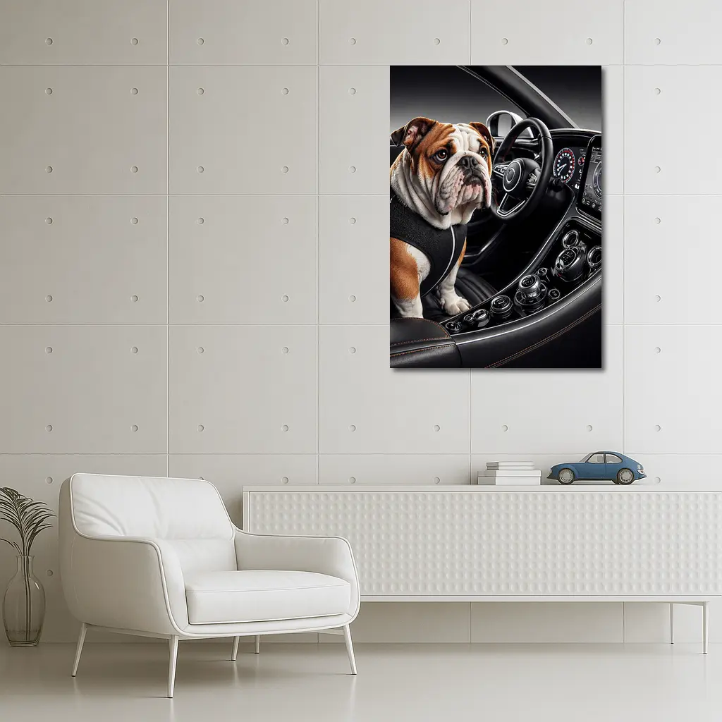 English Bulldog Sitting Inside Luxury Car Interior – Wall Art