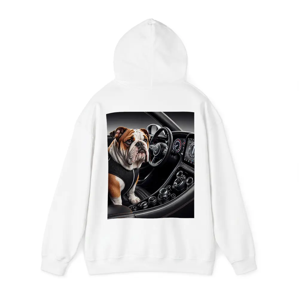 English Bulldog Sitting Inside Luxury Car Interior – Hoodies