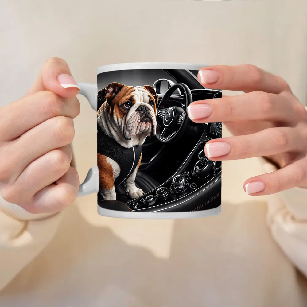 English Bulldog Sitting Inside Luxury Car Interior – Mugs