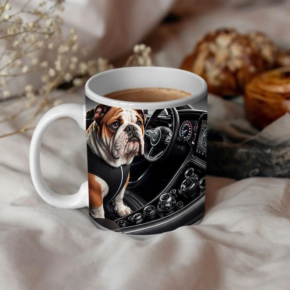 English Bulldog Sitting Inside Luxury Car Interior – Mugs