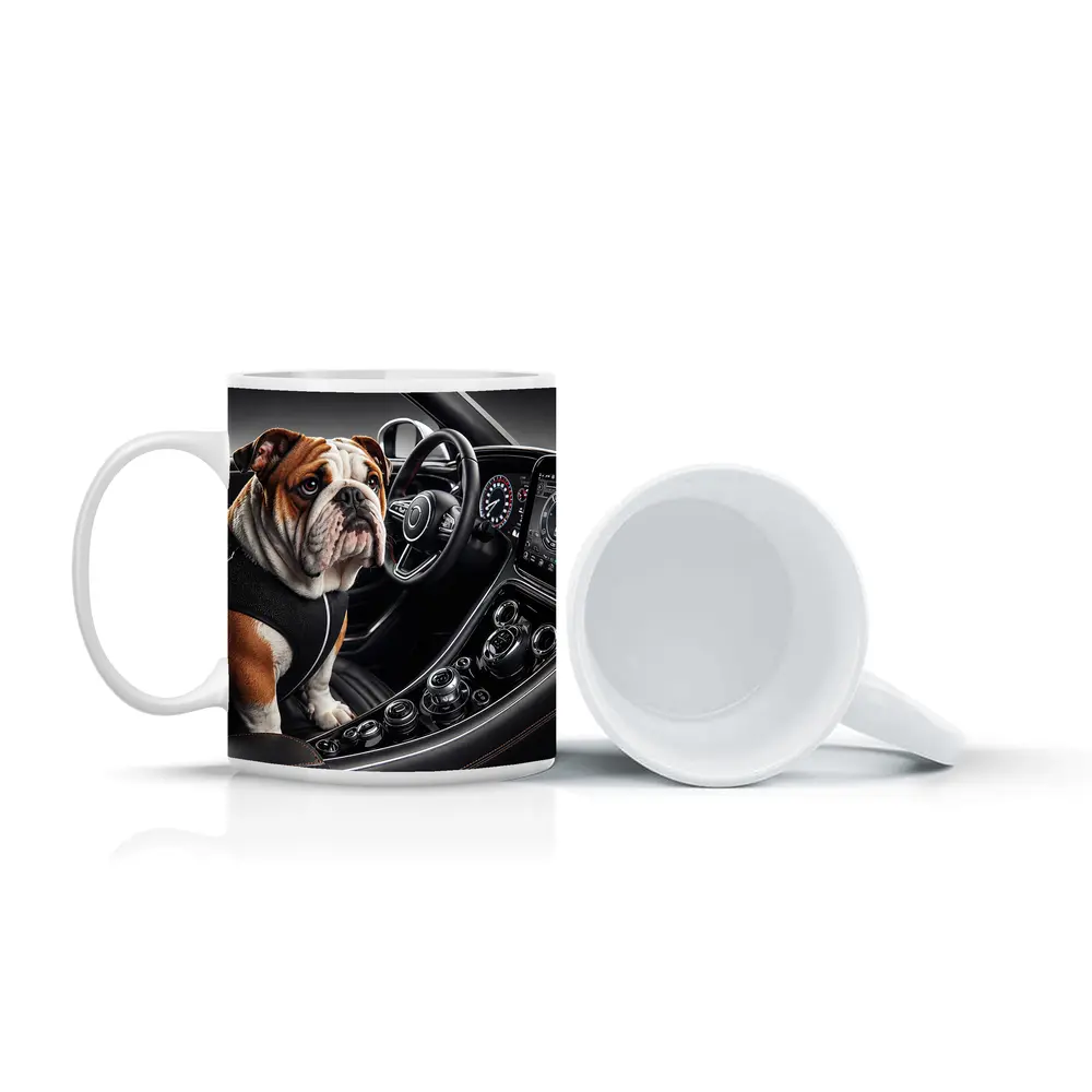 English Bulldog Sitting Inside Luxury Car Interior – Mugs