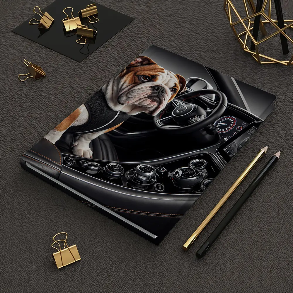 English Bulldog Sitting Inside Luxury Car Interior – Notebooks