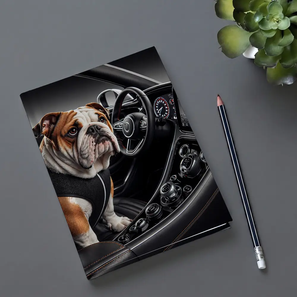 English Bulldog Sitting Inside Luxury Car Interior – Notebooks