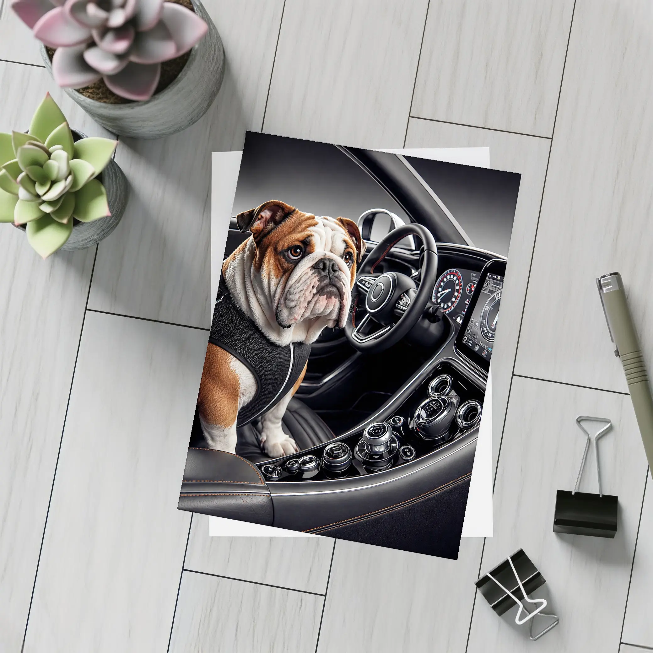 English Bulldog Sitting Inside Luxury Car Interior – Postcards