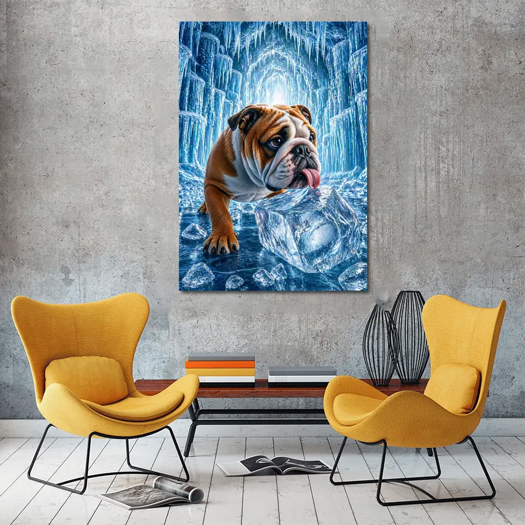 English Bulldog Licking Ice Block Frozen Cave – Wall Art