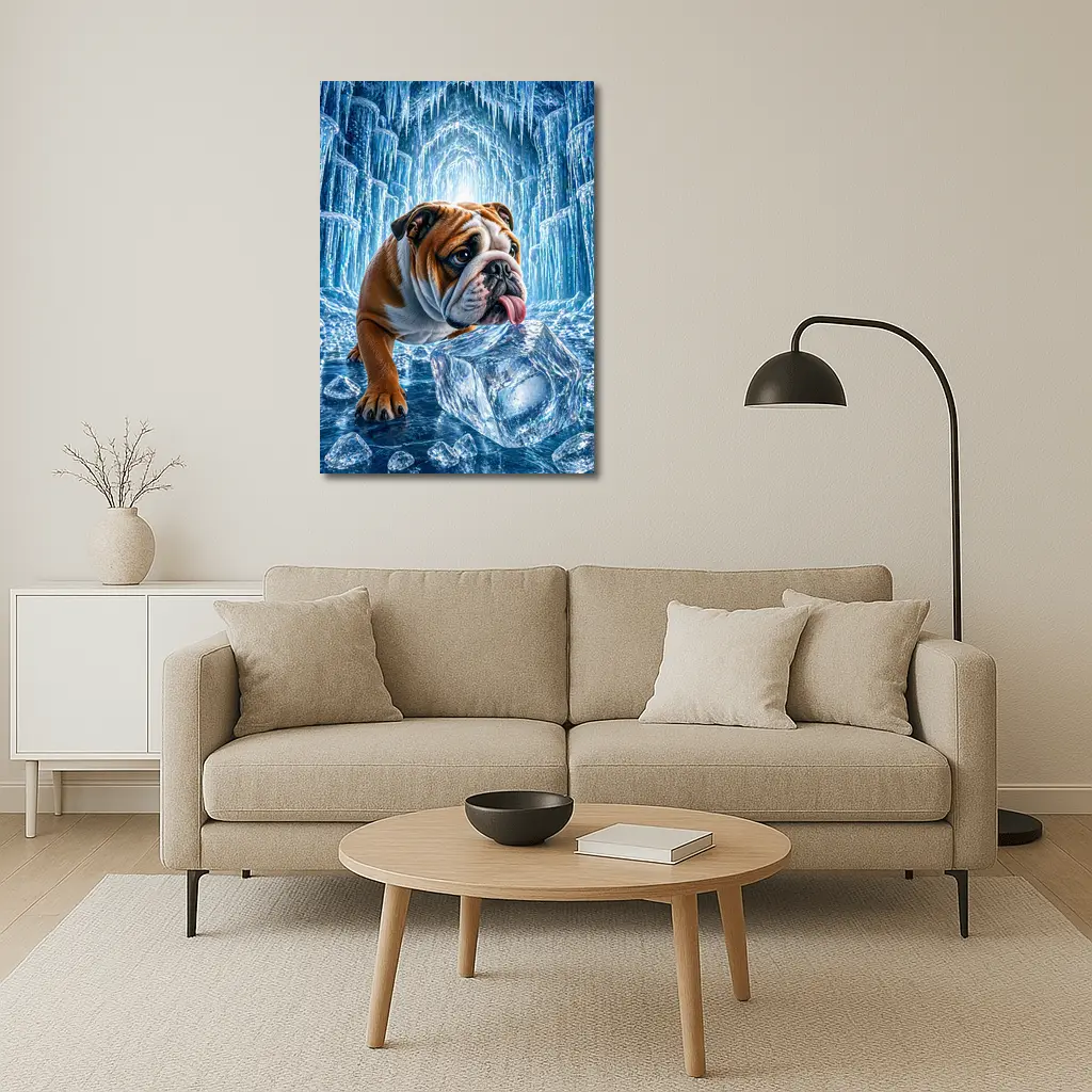 English Bulldog Licking Ice Block Frozen Cave – Wall Art