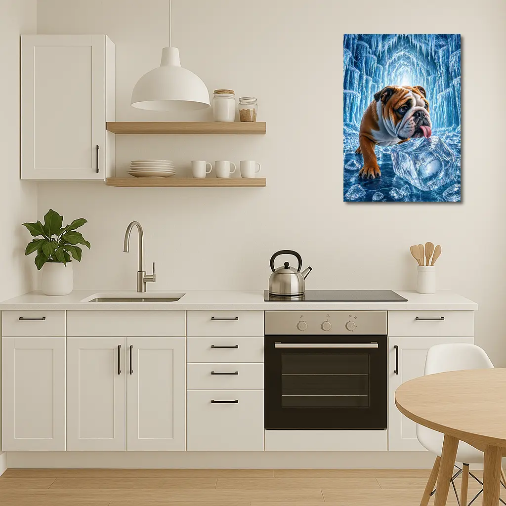 English Bulldog Licking Ice Block Frozen Cave – Wall Art